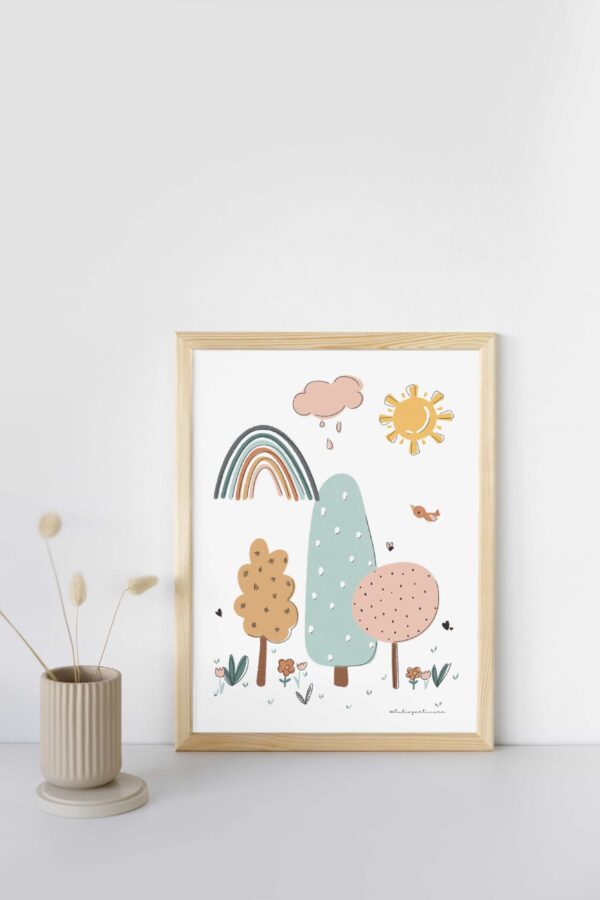 Lieflijke illustratie van bomen, zon, regenboog